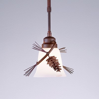 Clearance: Sienna Pendant Light - Pine Cone - Stem Hung - Rust Patina - Opal White Cone Glass